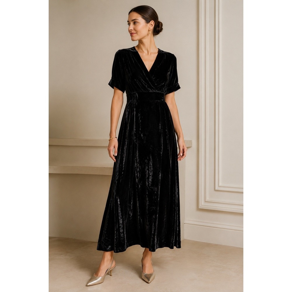 Emerson Fry Black Silk Velvet Maxi Dress XS Wrap V Neck Made USA